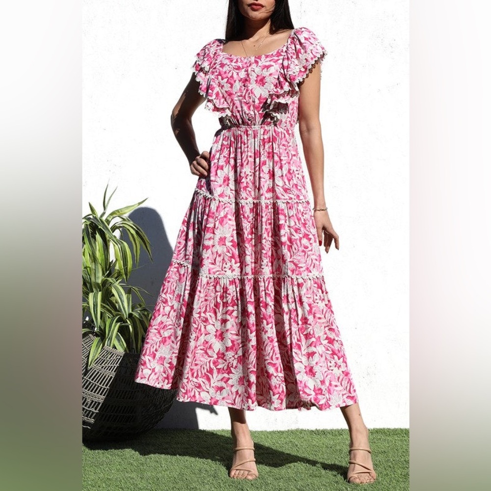 Relaxed Pink Floral Midi Dress - , Boho Tiered Summer Dress